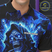 Load image into Gallery viewer, Blue Flame Skull Bowling Polo, 1/4 Zip Shirts For Men Custom Bowling Reaper Team Bowling jersey NQS11348