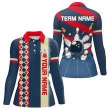 Load image into Gallery viewer, Personalized Red, white and blue Retro bowling Polo, Quarter Zip shirt for women, Bowling Team Jersey NQS9461