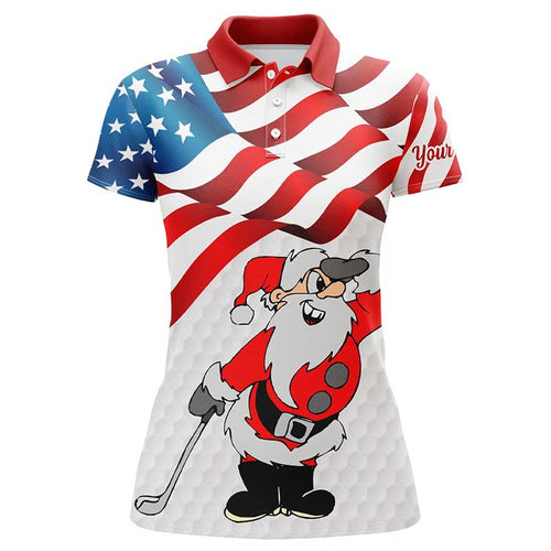 Christmas Santa American flag patriotic custom Women golf polo shirts, Xmas US flag golf shirts ladies NQS7947