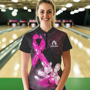 Personalized Pink Ribbons Grunge Bowling Shirts For Women, Custom breast cancer bowling Team shirts NQS9613