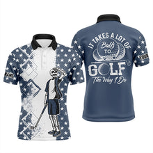 Load image into Gallery viewer, American flag skull golf blue Mens golf polo shirt custom it takes a lot of balls to golf the way I do NQS5610