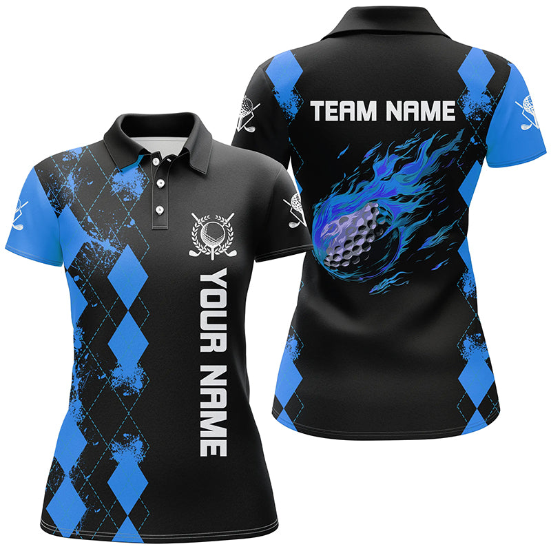Black Womens golf polo shirts custom blue argyle pattern flame golf ball golf tops for team ladies NQS7713