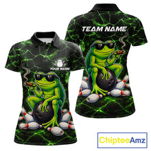 Load image into Gallery viewer, Black &amp; Green Funny Frog Bowling Polo, 1/4 zip Shirt for Women Custom Team Frog Bowling League Jersey NQS11583