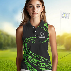 Black and Green Tribal Pattern Golf Ball Women Sleeveless Polo Shirt custom unique ladies golf apparel NQS9820