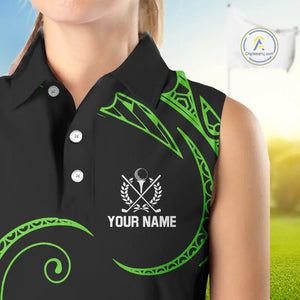 Black and Green Tribal Pattern Golf Ball Women Sleeveless Polo Shirt custom unique ladies golf apparel NQS9820