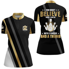 Load image into Gallery viewer, Gold &amp; black Women bowling shirts Custom you won't believe what I can do with 2 fingers and a thumb NQS8840