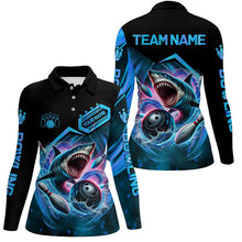 Load image into Gallery viewer, Personalized Black and Blue Angry Shark Bowling shirt for Women Custom Team's Name Bowler Jersey NQS8845