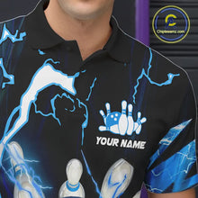 Load image into Gallery viewer, Blue Thunder Lightning bowling ball and pins jerseys Custom Team Bowling Polo, 1/4 Zip Shirts For Men NQS9831