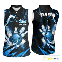 Load image into Gallery viewer, Blue Thunder Lightning bowling ball and pins jersey Custom Team Bowling Sleeveless Polo Shirt NQS9831