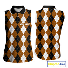 Load image into Gallery viewer, Women sleeveless polo shirt custom brown argyle plaid pattern golf attire for ladies NQS9848