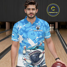 Load image into Gallery viewer, Blue Bowling Camo Angry Shark Bowling Polo, 1/4 Zip Shirts for Men Custom Shark Team Bowling Jerseys NQS11605