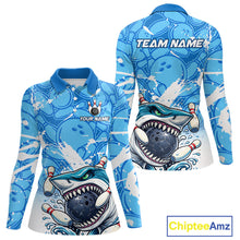 Load image into Gallery viewer, Blue Bowling Camo Angry Shark Bowling Polo, 1/4 Zip Shirts for Women Custom Shark Team Bowling Jersey NQS11605