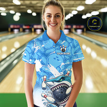 Load image into Gallery viewer, Blue Bowling Camo Angry Shark Bowling Polo, 1/4 Zip Shirts for Women Custom Shark Team Bowling Jersey NQS11605