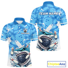 Load image into Gallery viewer, Blue Bowling Camo Angry Shark Bowling Polo, 1/4 Zip Shirts for Men Custom Shark Team Bowling Jerseys NQS11605