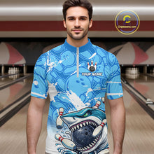 Load image into Gallery viewer, Blue Bowling Camo Angry Shark Bowling Polo, 1/4 Zip Shirts for Men Custom Shark Team Bowling Jerseys NQS11605
