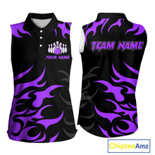 Load image into Gallery viewer, Black and Purple Flame Bowling Sleeveless Polos Custom team bowling jersey, ladies bowling apparel NQS10269