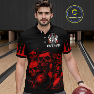 Black and Red Flame Skull Bowling Polo, Quarter Zip Shirts For Men Custom Skull Bowling Team Jerseys NQS9985