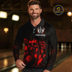Black and Red Flame Skull Bowling Polo, Quarter Zip Shirts For Men Custom Skull Bowling Team Jerseys NQS9985