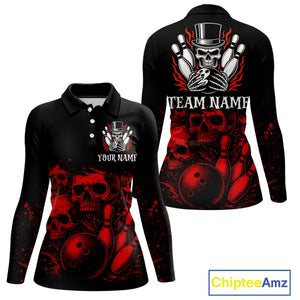Black and Red Flame Skull Bowling Polo, Quarter Zip Shirts For Women Custom Skull Bowling Team Jerseys NQS9985