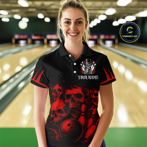 Black and Red Flame Skull Bowling Polo, Quarter Zip Shirts For Women Custom Skull Bowling Team Jerseys NQS9985