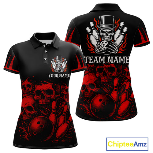 Black and Red Flame Skull Bowling Polo, Quarter Zip Shirts For Women Custom Skull Bowling Team Jerseys NQS9985