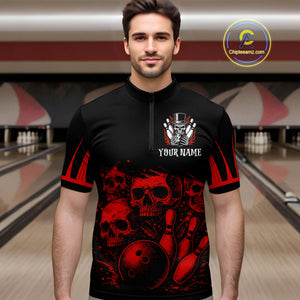 Black and Red Flame Skull Bowling Polo, Quarter Zip Shirts For Men Custom Skull Bowling Team Jerseys NQS9985