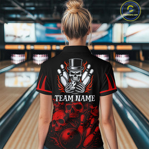 Black and Red Flame Skull Bowling Polo, Quarter Zip Shirts For Women Custom Skull Bowling Team Jerseys NQS9985