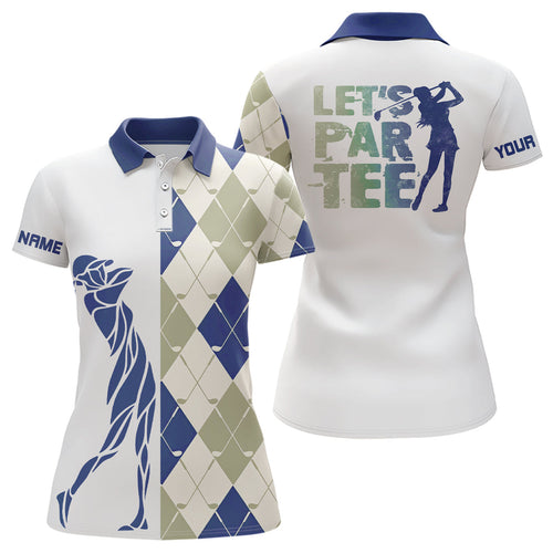 Blue and white golf shirt argyle pattern golf clubs custom name Womens golf polo shirts Let's par tee NQS8078