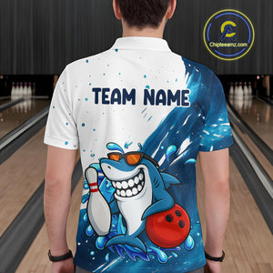 White and Blue Camo Shark Bowling polo, quarter zip shirts for Men Custom funny bowling team shirts NQS10280