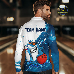 White and Blue Camo Shark Bowling polo, quarter zip shirts for Men Custom funny bowling team shirts NQS10280