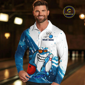 White and Blue Camo Shark Bowling polo, quarter zip shirts for Men Custom funny bowling team shirts NQS10280