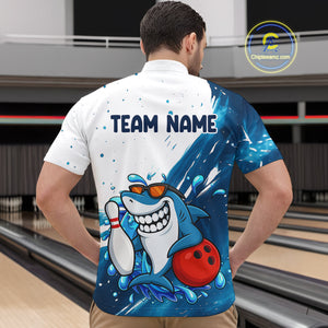 White and Blue Camo Shark Bowling polo, quarter zip shirts for Men Custom funny bowling team shirts NQS10280