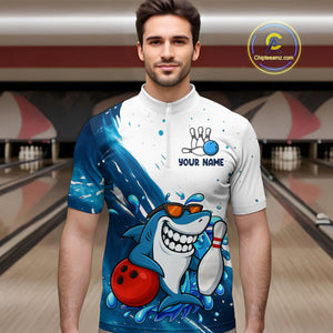 White and Blue Camo Shark Bowling polo, quarter zip shirts for Men Custom funny bowling team shirts NQS10280