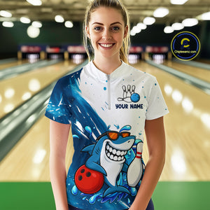 White and Blue Camo Shark Bowling polo, quarter zip shirts for Women Custom funny bowling team shirts NQS10280