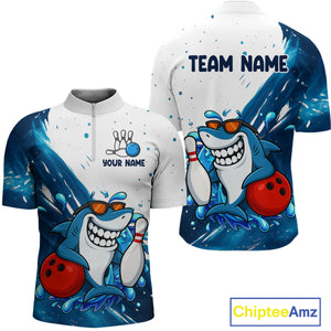 White and Blue Camo Shark Bowling polo, quarter zip shirts for Men Custom funny bowling team shirts NQS10280