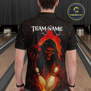 Black and Red Flame Skull Reaper Bowling Shirt For Men Custom Halloween Bowling Team Outfit Jerseys NQS10695