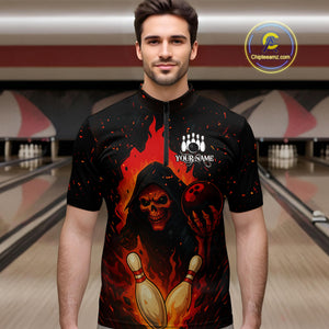 Black and Red Flame Skull Reaper Bowling Shirt For Men Custom Halloween Bowling Team Outfit Jerseys NQS10695