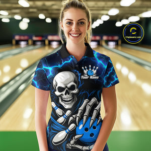 Custom Blue Lightning Thunder Skull Bowling Shirts For Women, Halloween Bowling Team Jerseys NQS10720
