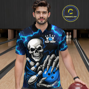 Custom Blue Lightning Thunder Skull Bowling Shirts For Men, Halloween Bowling Team Jerseys NQS10720