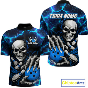 Custom Blue Lightning Thunder Skull Bowling Shirts For Men, Halloween Bowling Team Jerseys NQS10720