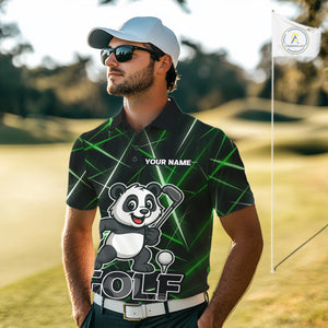 Black and Green Funny Panda Playing Golf Polo Shirt For Men Custom men's golf clothes funny golf gift NQS10740