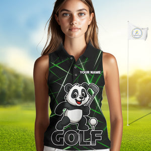 Black and Green Funny Panda Playing Golf Sleeveless Polo Shirt Custom ladies golf clothes golf gift NQS10740