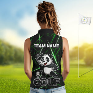 Black and Green Funny Panda Playing Golf Sleeveless Polo Shirt Custom ladies golf clothes golf gift NQS10740