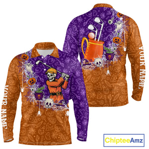 Halloween Skull Playing Golf Mens Golf Polo Shirt Custom Halloween golf outfit For Men Golf Gifts NQS10340