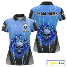 Load image into Gallery viewer, Black and blue flame skull Bowling Polo, 1/4 Zip Shirt for Women Custom Team Bowling League Jersey NQS10205