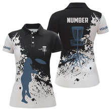 Load image into Gallery viewer, Black and white Womens disc golf polo shirt custom name and number disc golf jerseys, ladies golf tops NQS6051