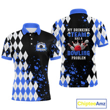 Load image into Gallery viewer, Blue argyle pattern Retro Bowling Shirts For Men Custom My drinking team has a bowling problem NQS9824