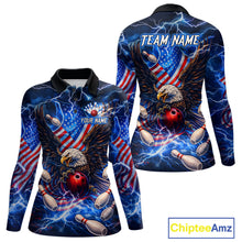 Load image into Gallery viewer, US Flag Eagle Bowling Shirts for Women Custom Blue Lightning Thunder Patriotic Team Bowling Jerseys NQS11581