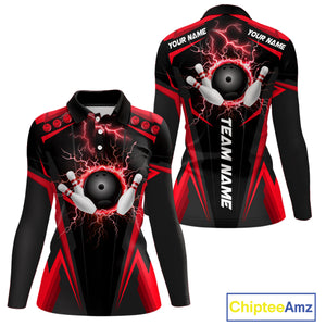 Black Women bowling Polo, Quarter Zip shirt Custom lightning thunder team league bowling jersey | Red NQS10373