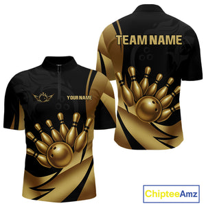Black and Gold Mens Bowling Polo, Quarter Zip Shirts Custom Team Bowling League Jersey NQS10079